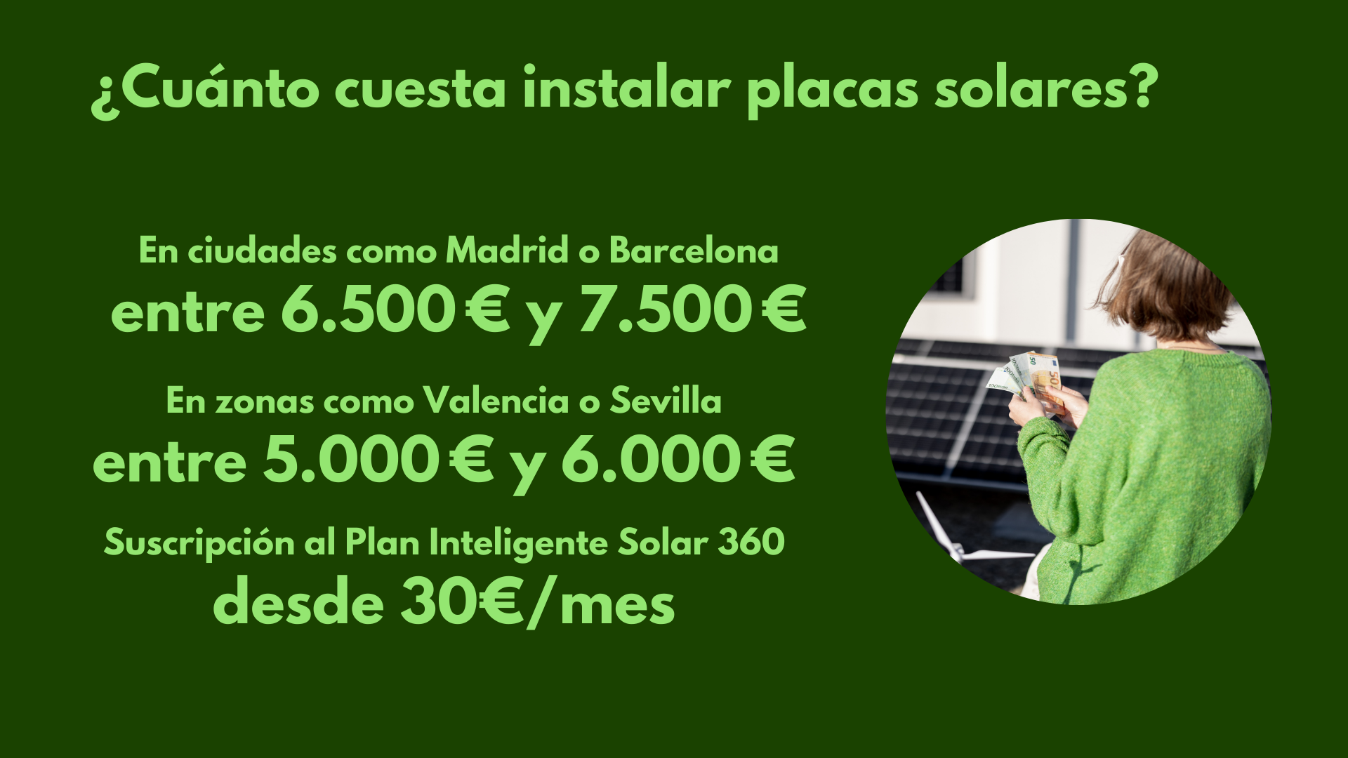 En ciudades como Madrid o Barcelona entre 6.500 € y 7.500 € y suscripción al Plan Inteligente Solar 360 desde 30€/mesen zonas como Valencia o Sevilla entre 5.000 € y 6.000 €, 