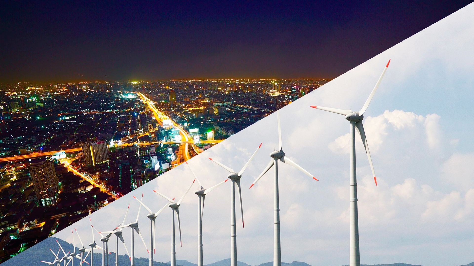 Imagen de un parque eólico, a una mitad; a la otra mitad, una ciudad de noche completamente iluminada