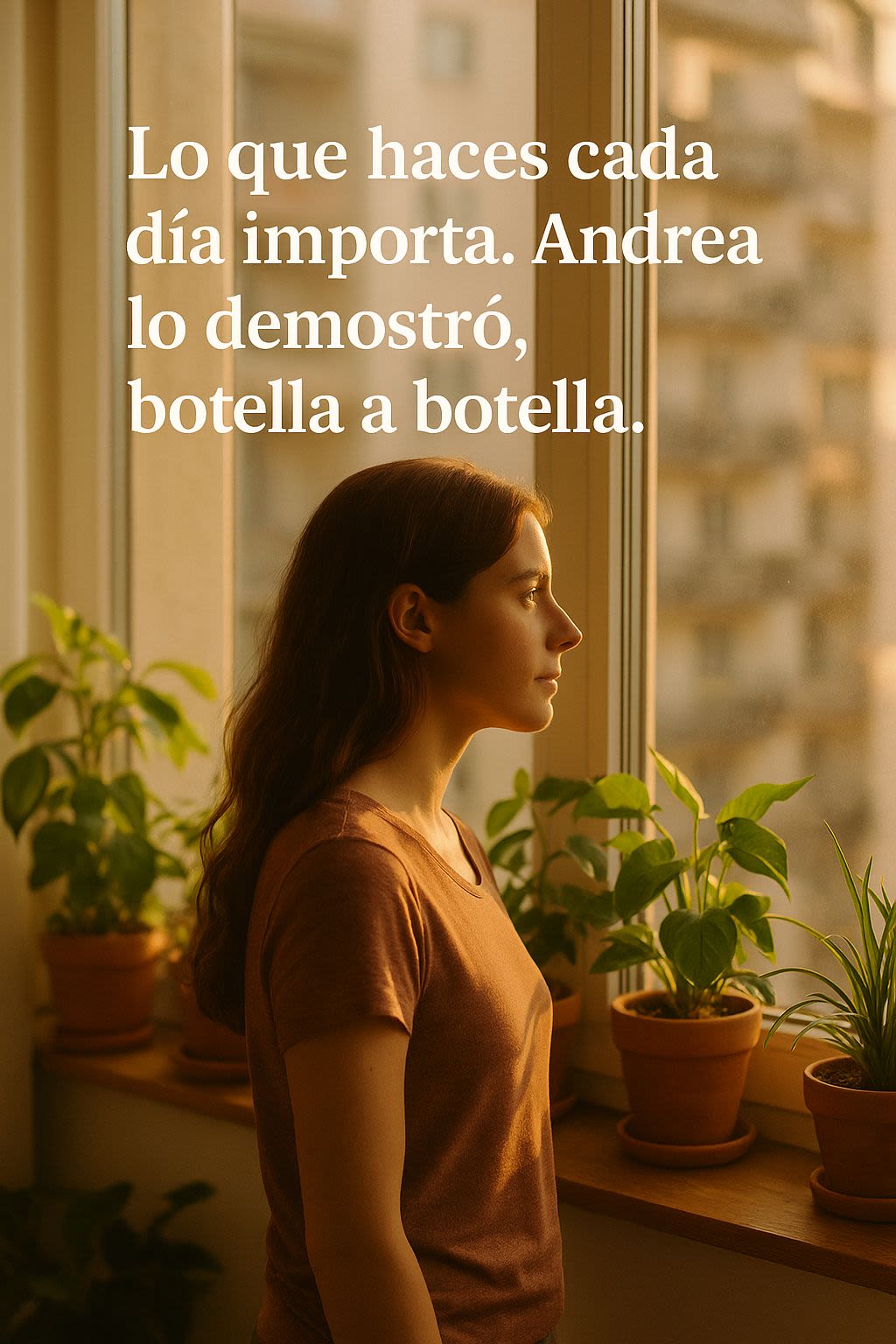 Imagen digital de una joven mirando hacia afuera, reflejando la importancia de las acciones diarias en la sostenibilidad.